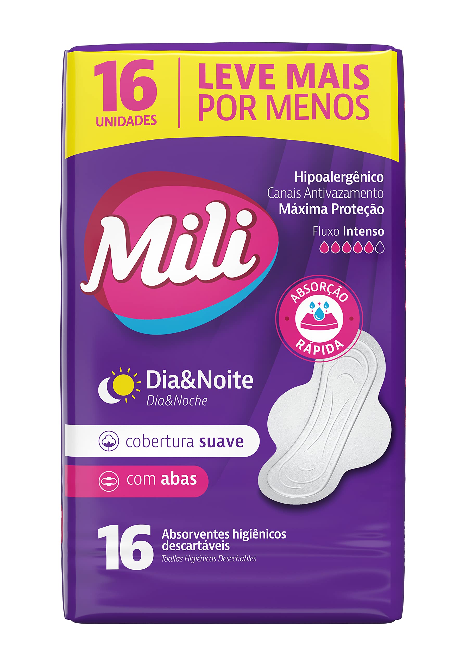 Imagem de ABSORVENTE MILI DIA E NOITE SUAVE COM ABAS COM 16 UNIDADES