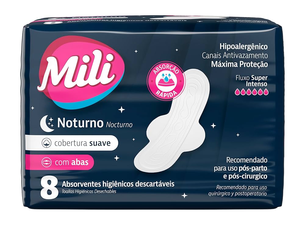 Imagem do produto ABSORVENTE MILI NOTURNO SUAVE COM ABAS COM 8 UNIDADES