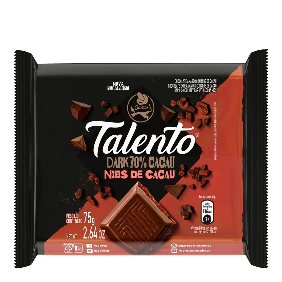 Imagem do produto CHOCOLATE TALENTO DARK NIBS DE CACAU 70% 75G