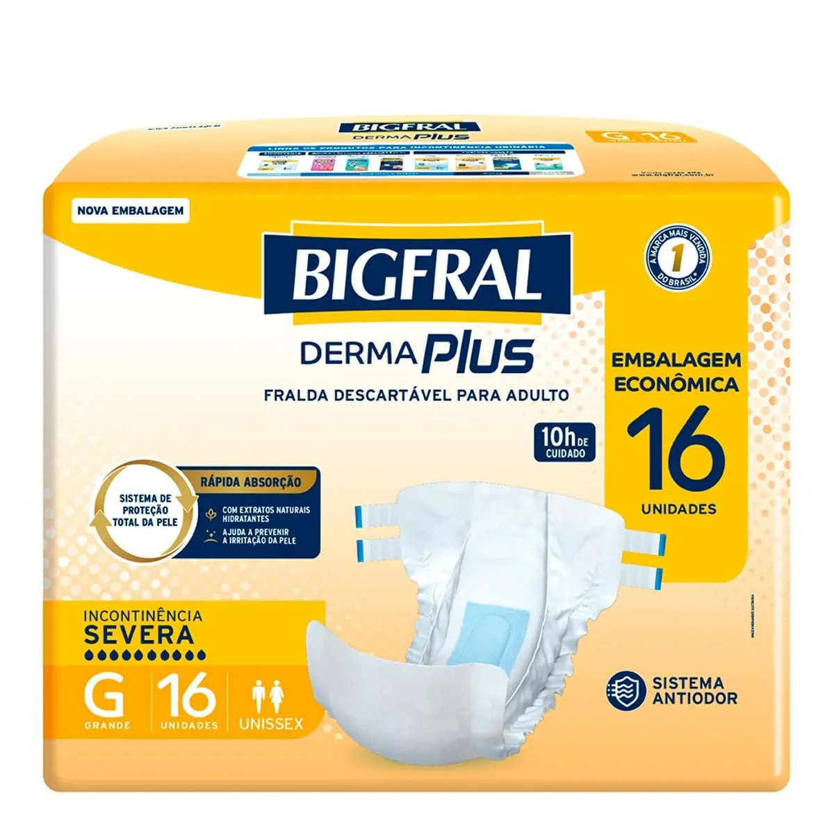 Imagem do produto FRALDA DESCARTAVEL ADULTO BIGFRAL ROUPA INTIMA DERMA PLUS TAMANHO G/XG COM 16 UNIDADES