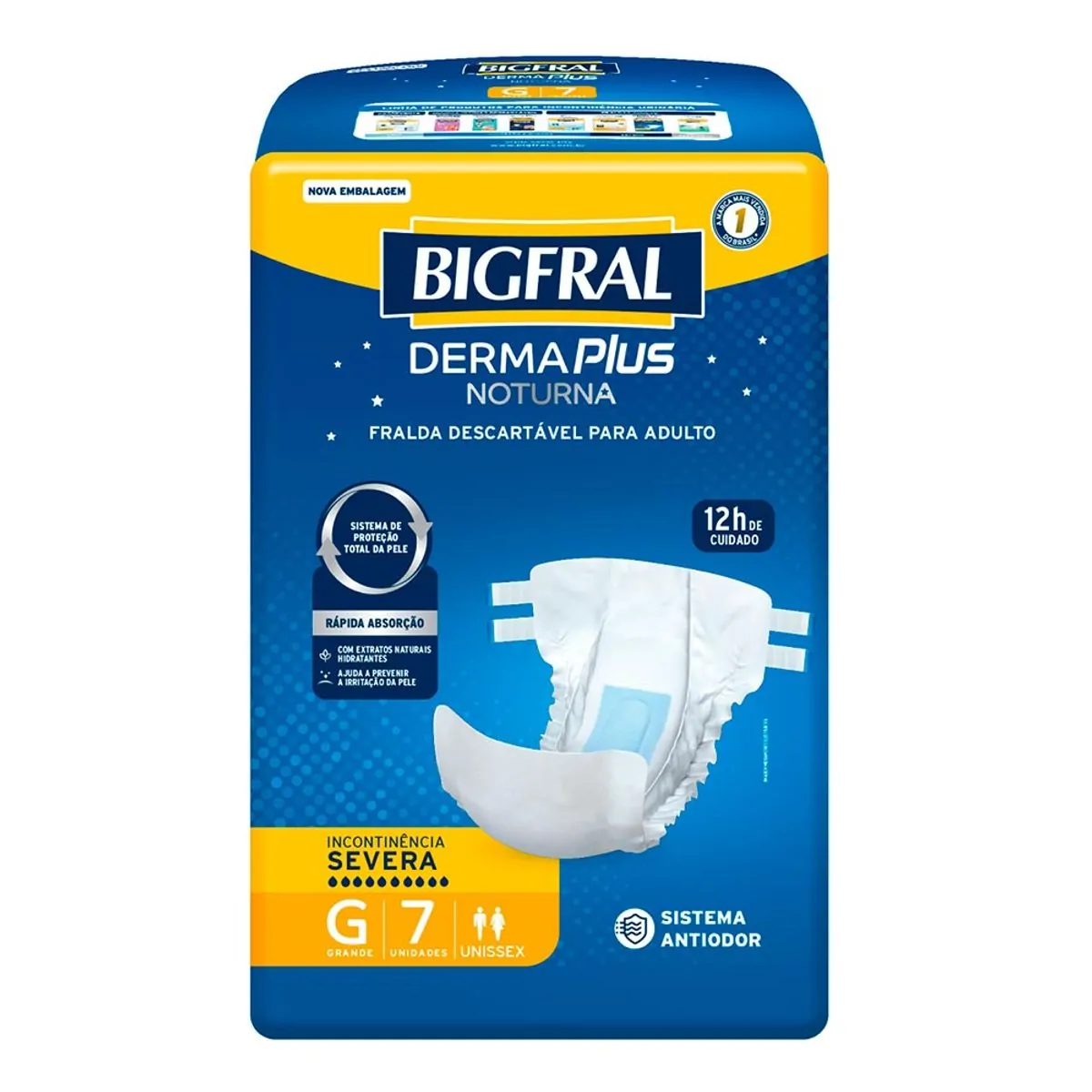 Imagem do produto FRALDA DESCARTAVEL GERIATRICA BIGFRAL DERMA PLUS NOTURNA TAMANHO G COM 7 UNIDADES