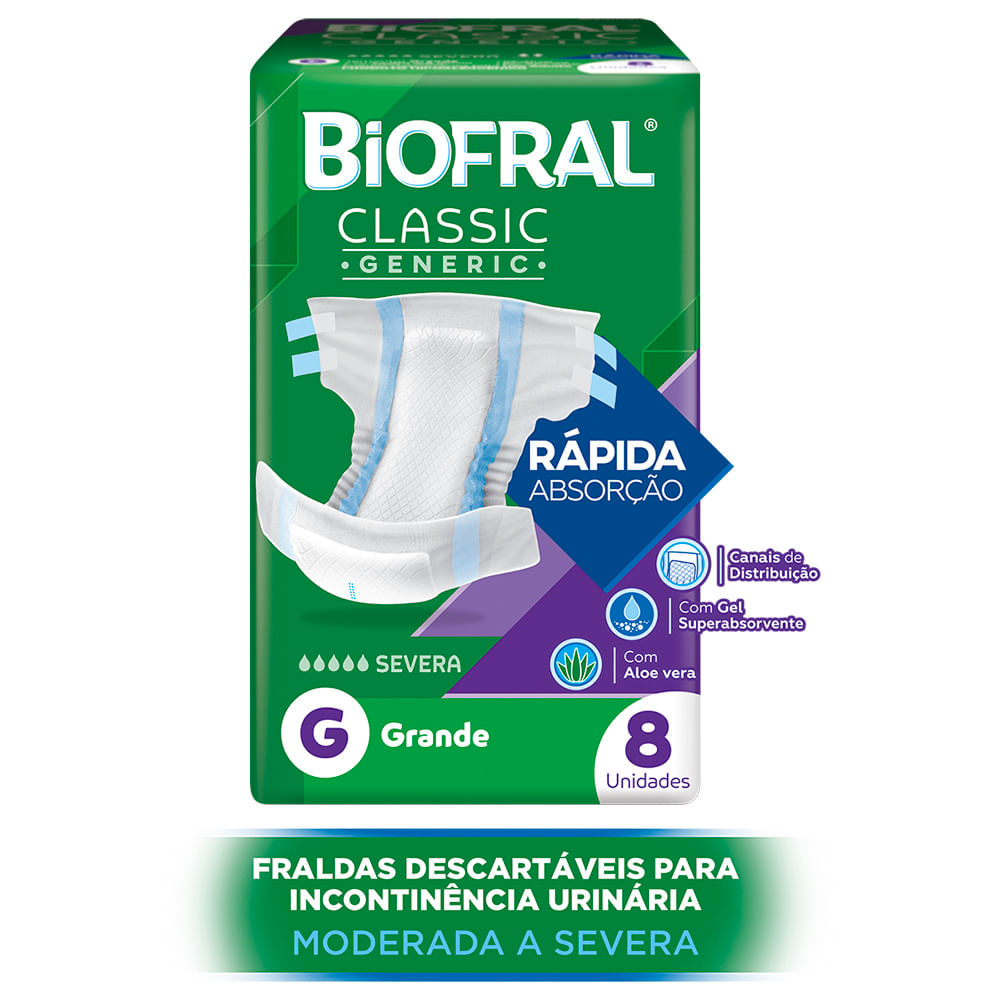 Imagem do produto FRALDA DESCARTAVEL GERIATRICA BIOFRAL CLASSIC REGULAR TAMANHO G COM 8 UNIDADES
