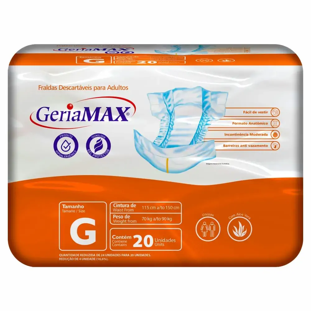 Imagem do produto FRALDA DESCARTAVEL GERIATRICA GERIAMAX ECONOMICA TAMANHO G COM 20 UNIDADES