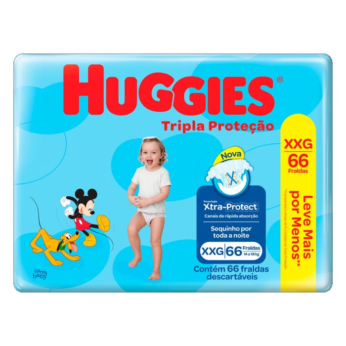 FRALDA DESCARTAVEL HUGGIES TRIPLA PROTECAO HIPER TAMANHO XXG COM 66 UNIDADES