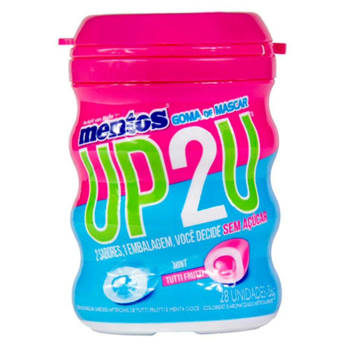 Imagem do produto GOMA DE MASCAR MENTOS GARRAFA UP2U AZUL E ROSA COM 6 UNIDADES