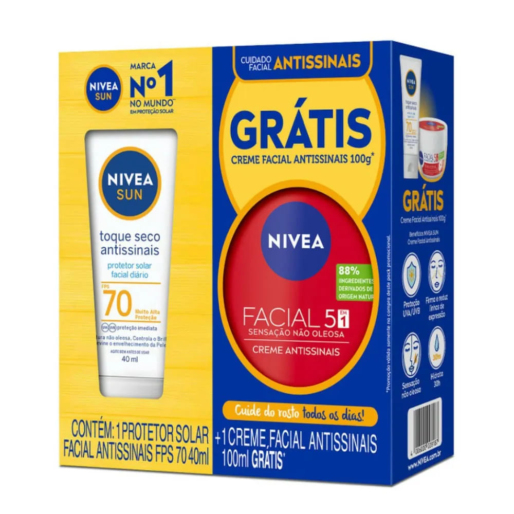 Imagem do produto KIT PROTETOR SOLAR NIVEA SUN FACIAL FPS70 40ML + CREME FACIAL 100G