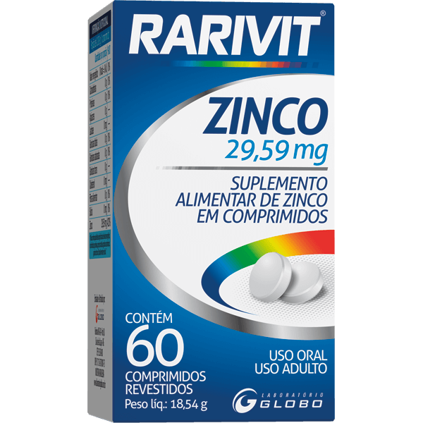 Imagem do produto SUPLEMENTO RARIVIT ZINCO 29,59MG COM 60 COMPRIMIDOS REVESTIDOS